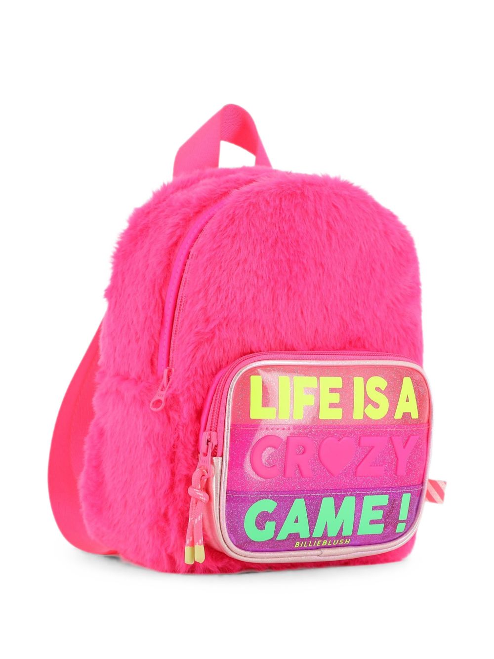 Small backpack. Eco-pelliccia e glitter clear material. Letters illustrations con gum effect. Regolabile spalla straps. Chiusura con zip, cord pullers con colored finishing. A righe woven label. Dimensions : 24x17x10 cm. U22534 47A BILLIE BLUSH KIDS 