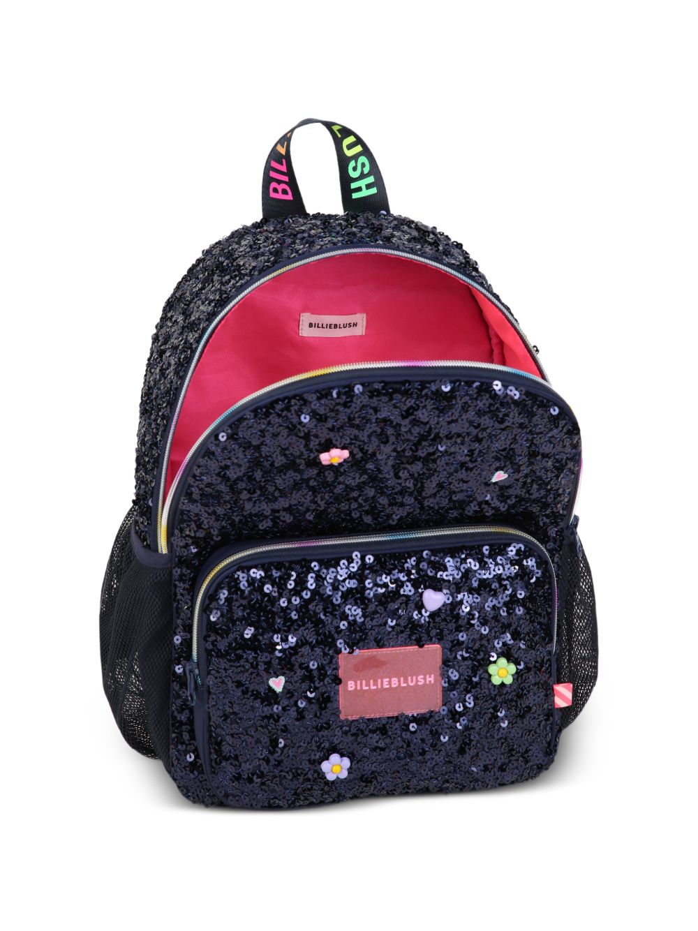 School backpack. Lucido paillettes e polyester twill. Fantasia charms sul davanti. Billieblush neon badge. Printed handle. Padded retro e spalla straps, for better comfort. Mesh tasche on sides. Multicolor chiusura con zip. A righe woven label. Match U22537 85T BILLIE BLUSH KIDS 