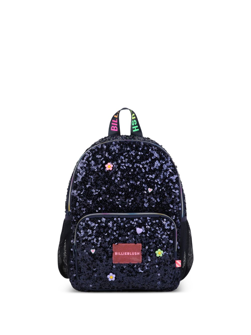School backpack. Lucido paillettes e polyester twill. Fantasia charms sul davanti. Billieblush neon badge. Printed handle. Padded retro e spalla straps, for better comfort. Mesh tasche on sides. Multicolor chiusura con zip. A righe woven label. Match U22537 85T BILLIE BLUSH KIDS 