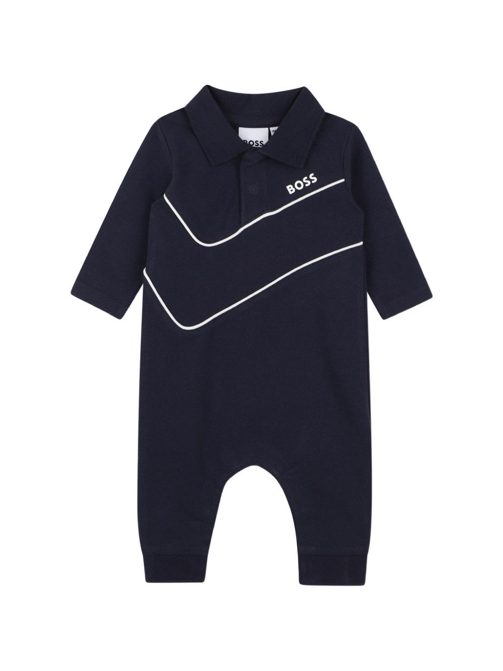Organic cotton e polyester velour pajamas. Polo collar, davanti chiusura con bottoni automatici, "boss" stampa, e piped chest seam. Sold in a gift box. J53288 849 BOSS KIDSWEAR 