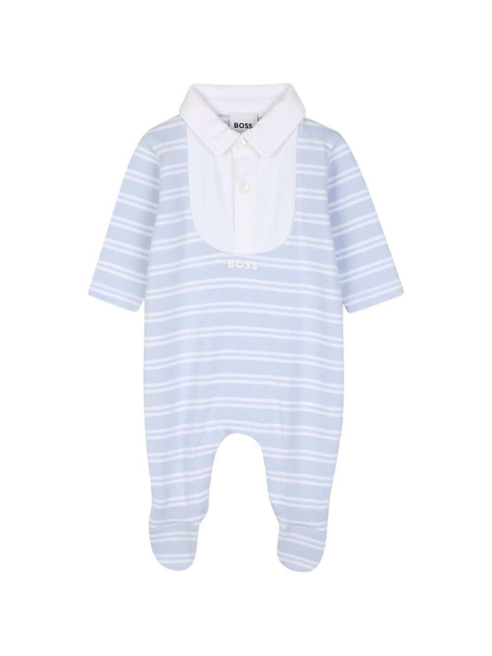 Pajama e hat set. 100% organic cotton interlock pajamas, all-over woven stripe, fantasia polo collar con chiusura con bottoni, snap opening al crotch. Sold in gift box J53291 771 BOSS KIDSWEAR 