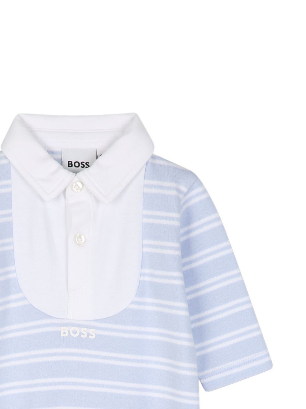 Pajama e hat set. 100% organic cotton interlock pajamas, all-over woven stripe, fantasia polo collar con chiusura con bottoni, snap opening al crotch. Sold in gift box J53291 771 BOSS KIDSWEAR 