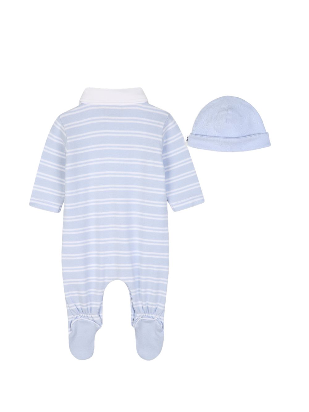 Pajama e hat set. 100% organic cotton interlock pajamas, all-over woven stripe, fantasia polo collar con chiusura con bottoni, snap opening al crotch. Sold in gift box J53291 771 BOSS KIDSWEAR 