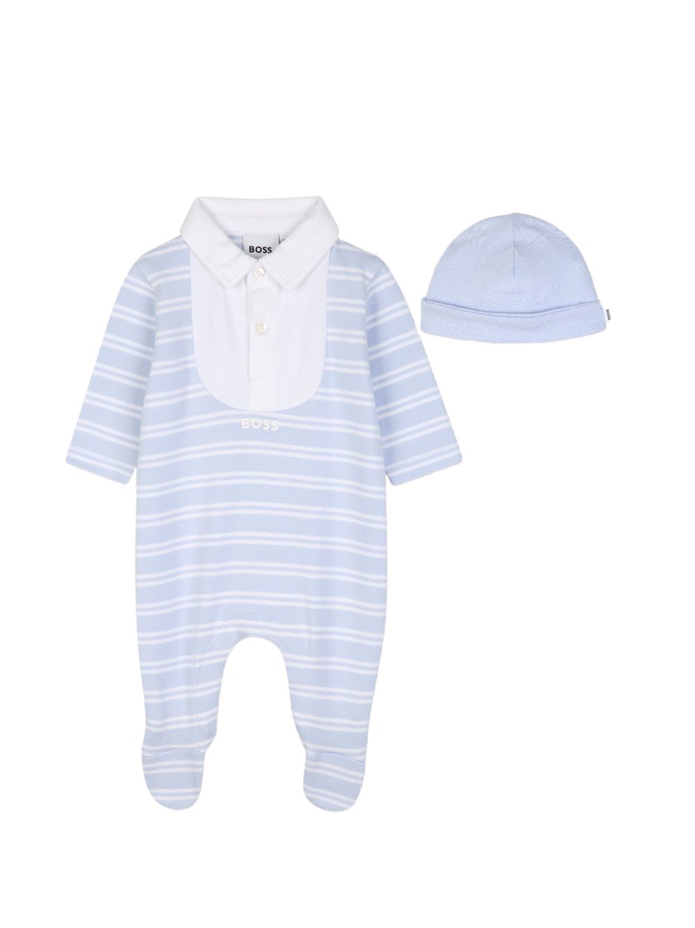 Pajama e hat set. 100% organic cotton interlock pajamas, all-over woven stripe, fantasia polo collar con chiusura con bottoni, snap opening al crotch. Sold in gift box J53291 771 BOSS KIDSWEAR 