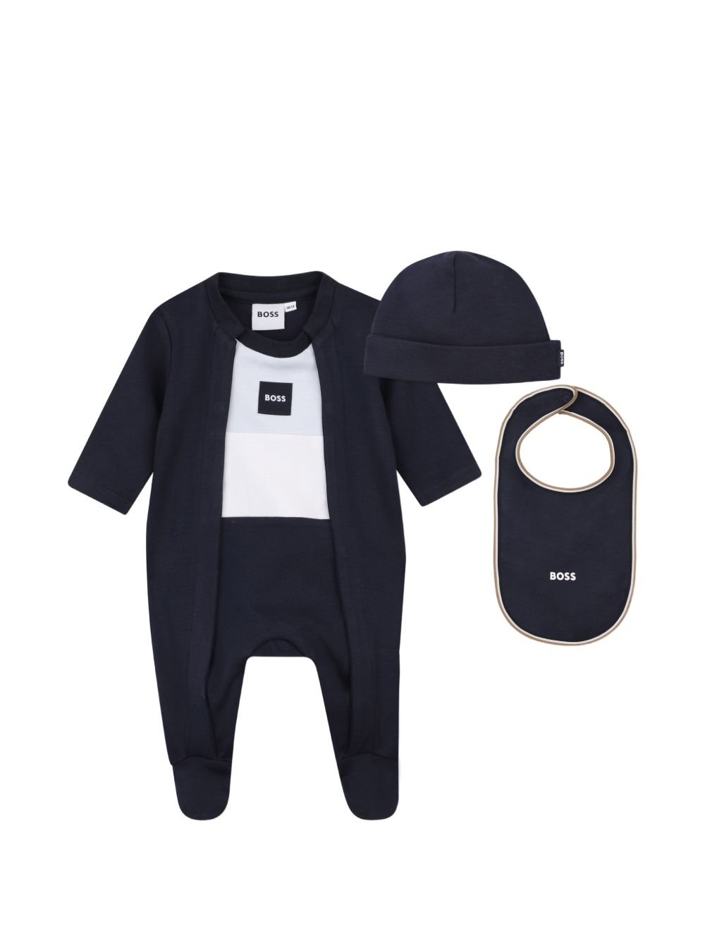 Pyjama, hat e bib set. Pyjamas in 100% organic cotton interlock, snap chiusura sul davanti, a contrasto cut-outs sul davanti, woven logo label. Hat e bib in 100% cotton interlock, woven logo label sul side of hat, iconic in maglia stripe sul edge of  J53292 849 BOSS KIDSWEAR 