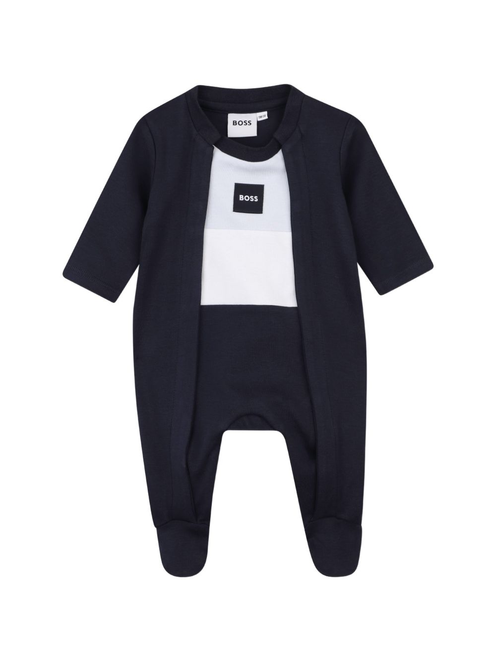 Pyjama, hat e bib set. Pyjamas in 100% organic cotton interlock, snap chiusura sul davanti, a contrasto cut-outs sul davanti, woven logo label. Hat e bib in 100% cotton interlock, woven logo label sul side of hat, iconic in maglia stripe sul edge of  J53292 849 BOSS KIDSWEAR 