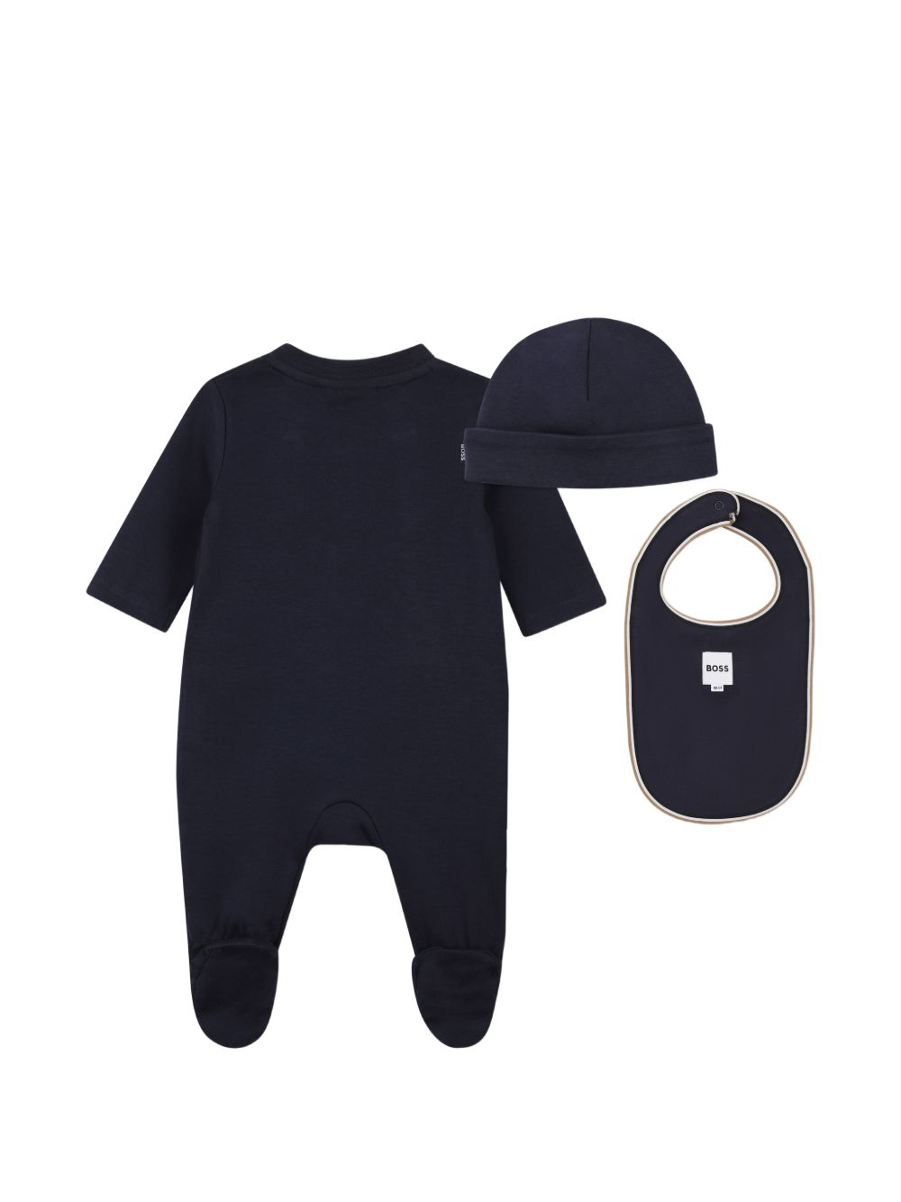 Pyjama, hat e bib set. Pyjamas in 100% organic cotton interlock, snap chiusura sul davanti, a contrasto cut-outs sul davanti, woven logo label. Hat e bib in 100% cotton interlock, woven logo label sul side of hat, iconic in maglia stripe sul edge of  J53292 849 BOSS KIDSWEAR 