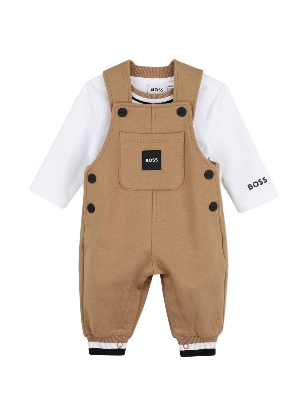 Overalls e t-shirt set. Overalls in brushed organic cotton e elastane fleece, snap fasteners sul straps e sides, patch tasca sul davanti, woven logo label sul tasca, a righe ribbing al ankles. T-shirt in 100% cotton interlock, a righe ribbing al coll J53301 269 BOSS KIDSWEAR 