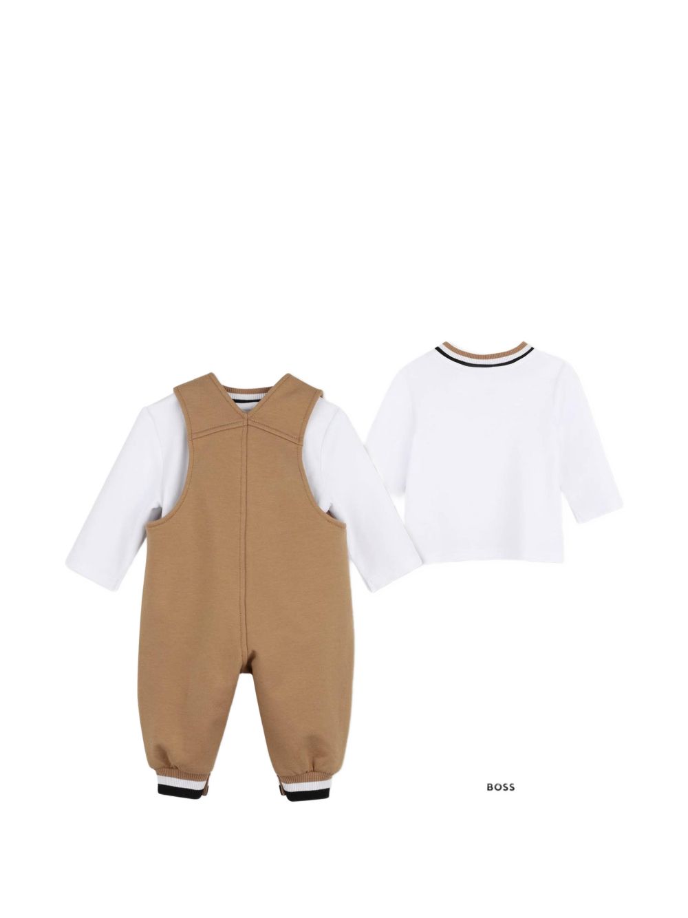 Overalls e t-shirt set. Overalls in brushed organic cotton e elastane fleece, snap fasteners sul straps e sides, patch tasca sul davanti, woven logo label sul tasca, a righe ribbing al ankles. T-shirt in 100% cotton interlock, a righe ribbing al coll J53301 269 BOSS KIDSWEAR 