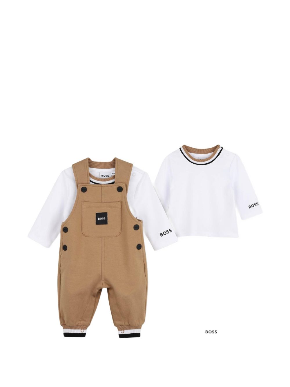 Overalls e t-shirt set. Overalls in brushed organic cotton e elastane fleece, snap fasteners sul straps e sides, patch tasca sul davanti, woven logo label sul tasca, a righe ribbing al ankles. T-shirt in 100% cotton interlock, a righe ribbing al coll J53301 269 BOSS KIDSWEAR 