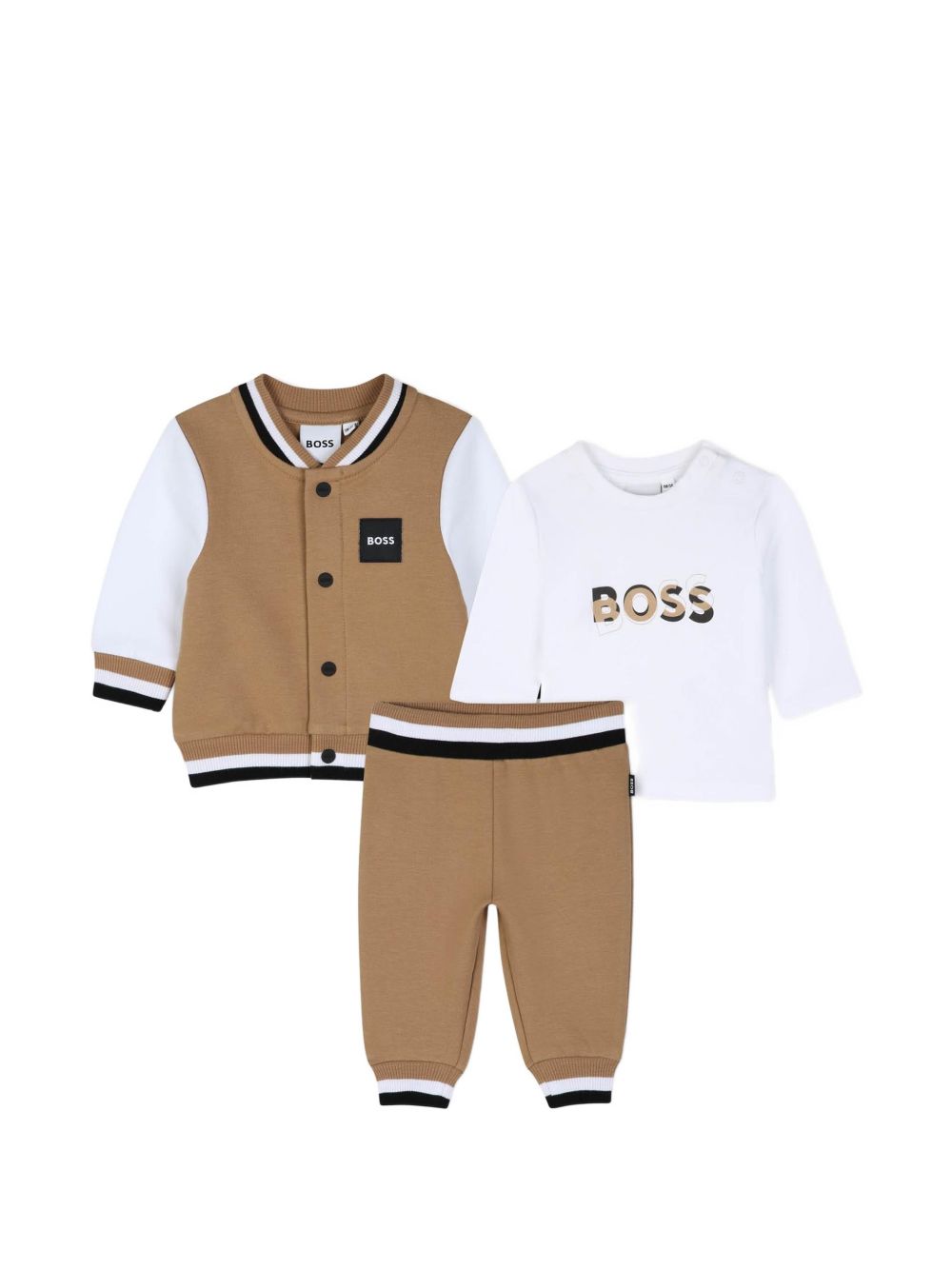 Cardigan, pantaloni e t-shirt set. Cardigan in brushed organic cotton e elastane fleece, snap chiusura sul davanti, teddy shape, a contrasto maniche, a righe ribbing al collar, polsini e hem, woven logo label sul side. Pantaloni in brushed fleece, a  J53305 269 BOSS KIDSWEAR 