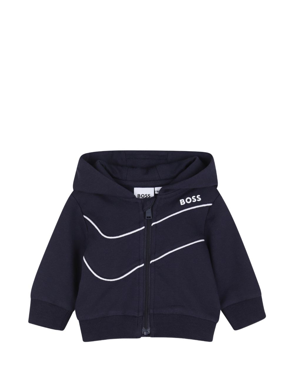 Cardigan, pantaloni e t-shirt set. Cardigan e pantaloni in brushed organic cotton e elastane fleece, elastico collar, hem, vita, polsini e ankles, con cappuccio cardigan con zip chiusura, rounded piped cutout sul chest, boss logo printed sul chest, w J53307 849 BOSS KIDSWEAR 