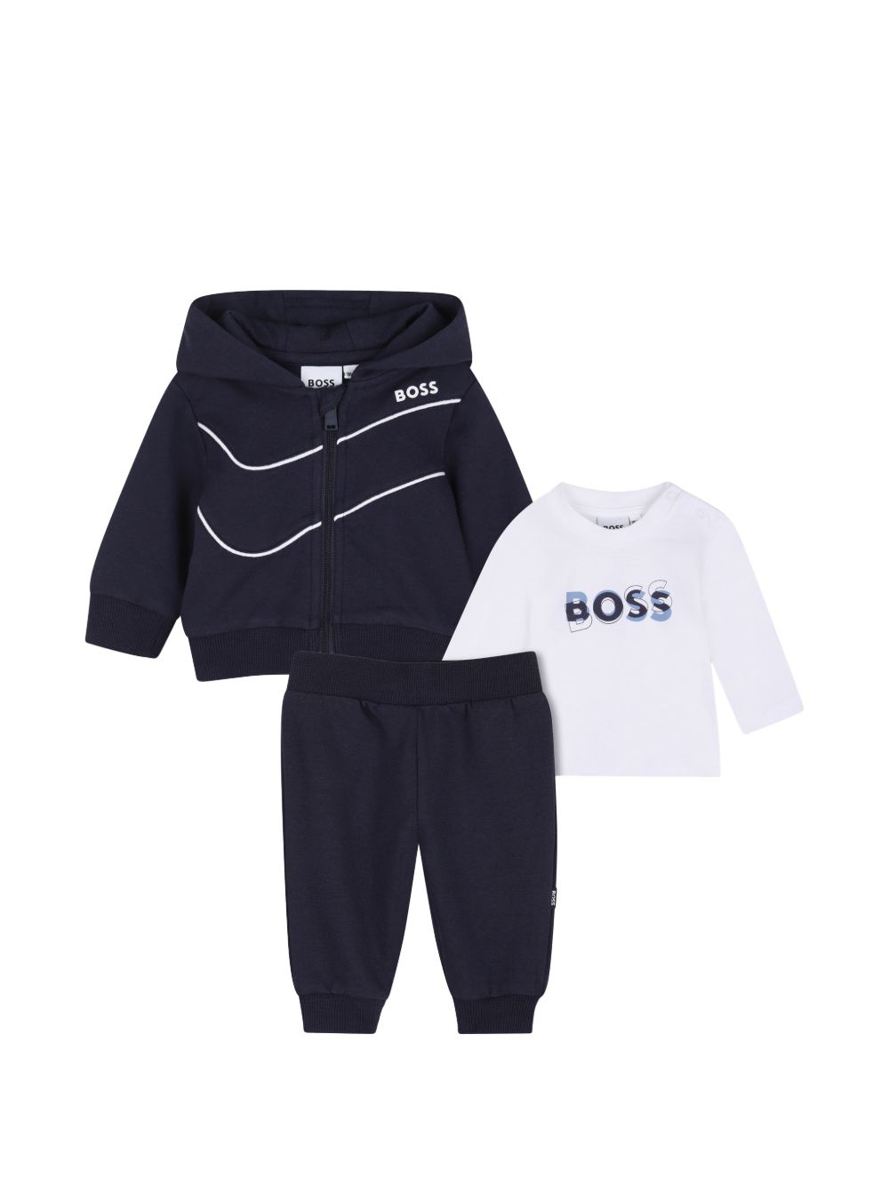 Cardigan, pantaloni e t-shirt set. Cardigan e pantaloni in brushed organic cotton e elastane fleece, elastico collar, hem, vita, polsini e ankles, con cappuccio cardigan con zip chiusura, rounded piped cutout sul chest, boss logo printed sul chest, w J53307 849 BOSS KIDSWEAR 