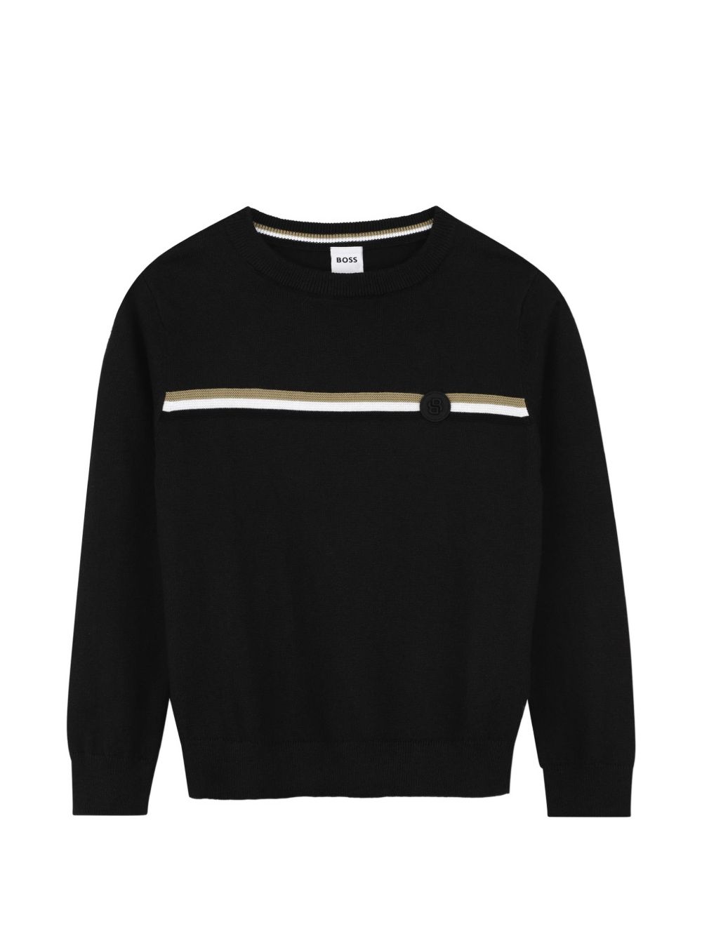 Round-neck knit felpa con three iconic jacquard stripes. Double b badge nel middle of iconic stripe. Raiser boss. J53389 09B BOSS KIDSWEAR 