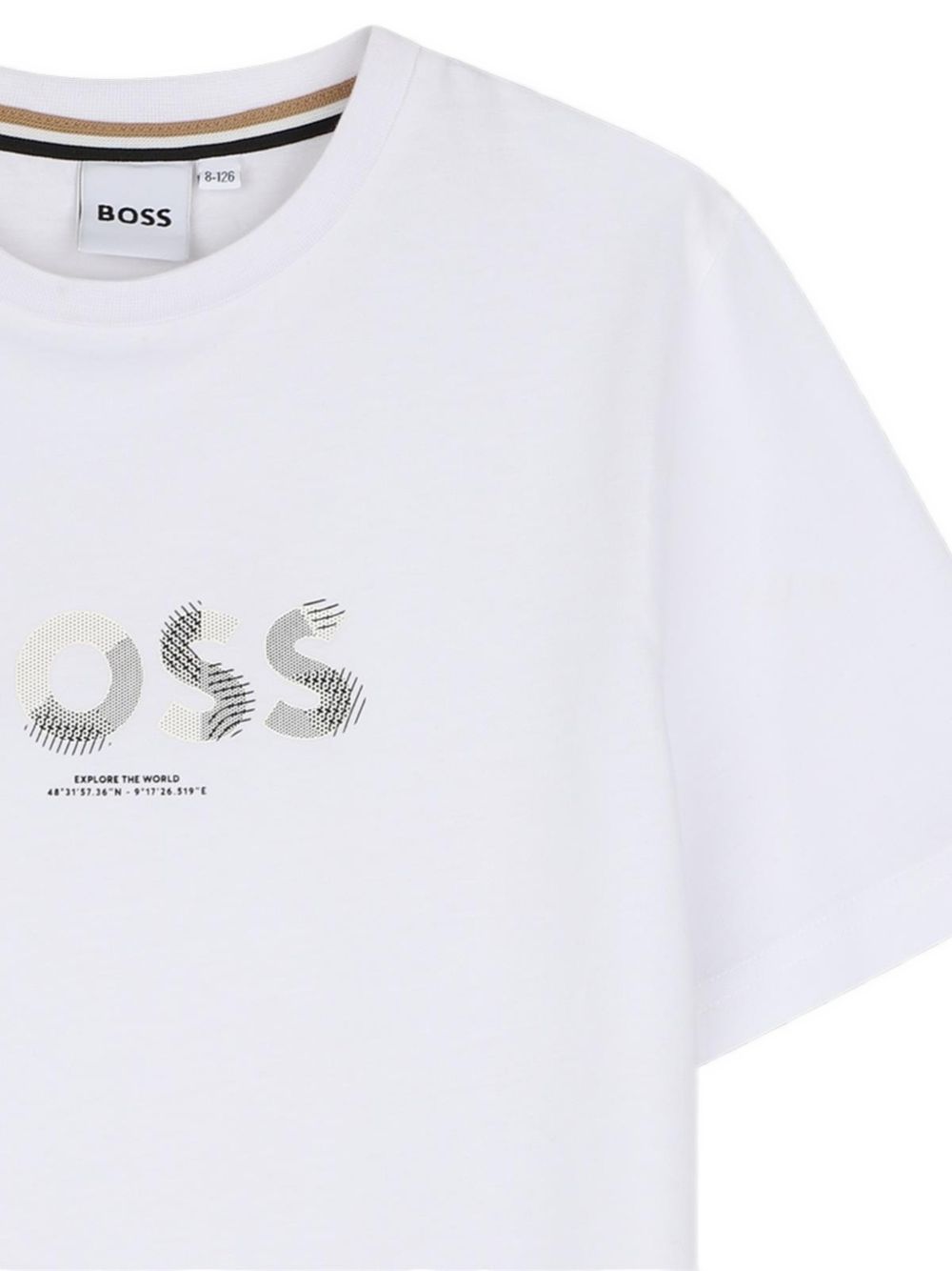 Short-sleeved cotton jersey t-shirt. Reworked boss logo centered on chest. J53404 10P BOSS KIDSWEAR 