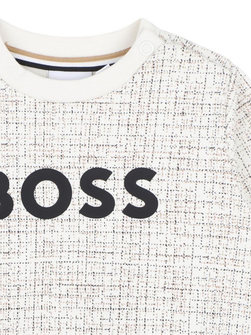 Fleece sweatshirt con iconic check pattern. Round neck e chiusura con bottoni automatici al spalla. Large boss logo centered sul chest. J53496 120 BOSS KIDSWEAR 
