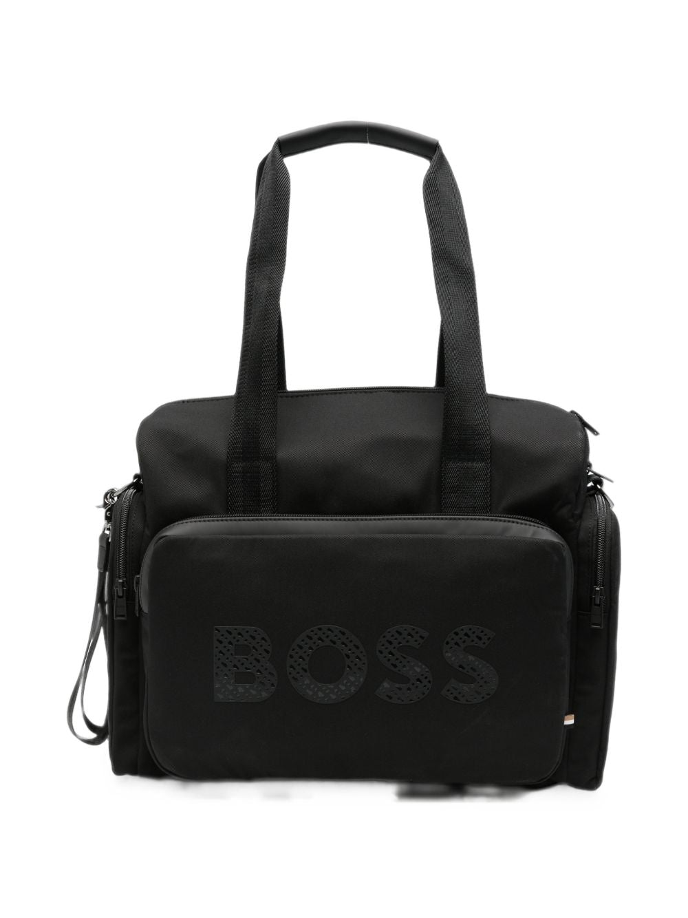 Changing bag in matt polyester e gum effect simili (in details). Double b all-over stampa inside logo on davanti. Tricolor woven tab. Changing mat + 2 stroller straps + removable strap e handles in textured jacquard. External large tasche. Tasche on  J53561 09B BOSS KIDSWEAR 