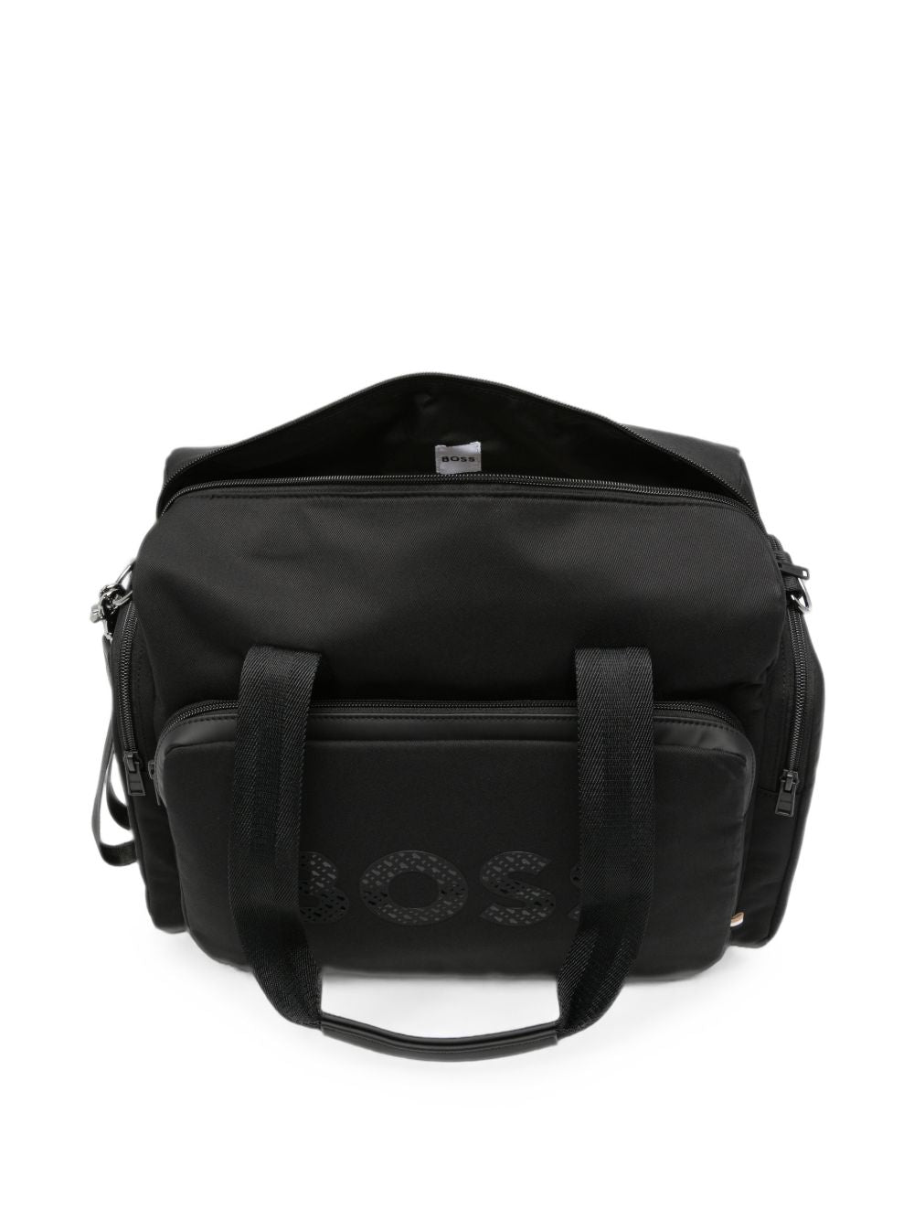 Changing bag in matt polyester e gum effect simili (in details). Double b all-over stampa inside logo on davanti. Tricolor woven tab. Changing mat + 2 stroller straps + removable strap e handles in textured jacquard. External large tasche. Tasche on  J53561 09B BOSS KIDSWEAR 