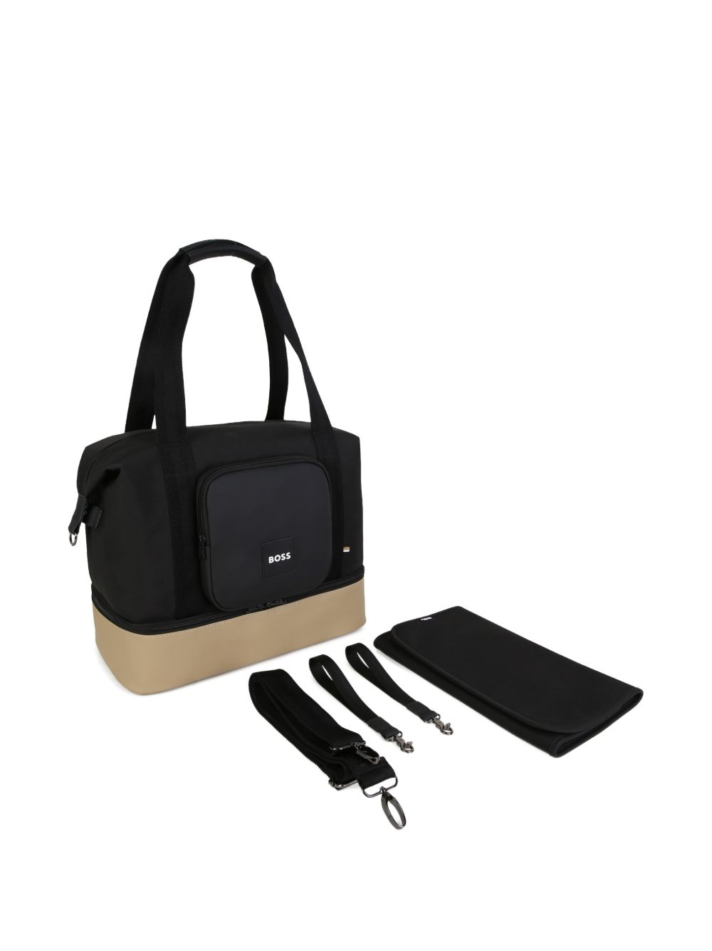 Changing bag in polyester canvas, coated canvas, e gum simili (in details). Large tasca under bag con removable compartments. Branded badge. Tricolor woven tab. Changing mat + 2 stroller straps + removable strap e handles in textured jacquard. Extern J53608 09B BOSS KIDSWEAR 