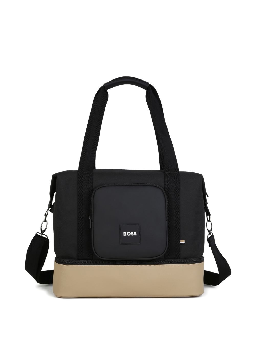 Changing bag in polyester canvas, coated canvas, e gum simili (in details). Large tasca under bag con removable compartments. Branded badge. Tricolor woven tab. Changing mat + 2 stroller straps + removable strap e handles in textured jacquard. Extern J53608 09B BOSS KIDSWEAR 