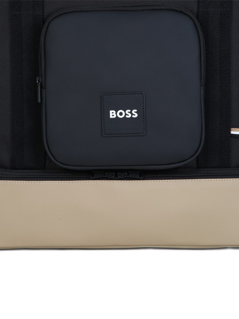 Changing bag in polyester canvas, coated canvas, e gum simili (in details). Large tasca under bag con removable compartments. Branded badge. Tricolor woven tab. Changing mat + 2 stroller straps + removable strap e handles in textured jacquard. Extern J53608 09B BOSS KIDSWEAR 