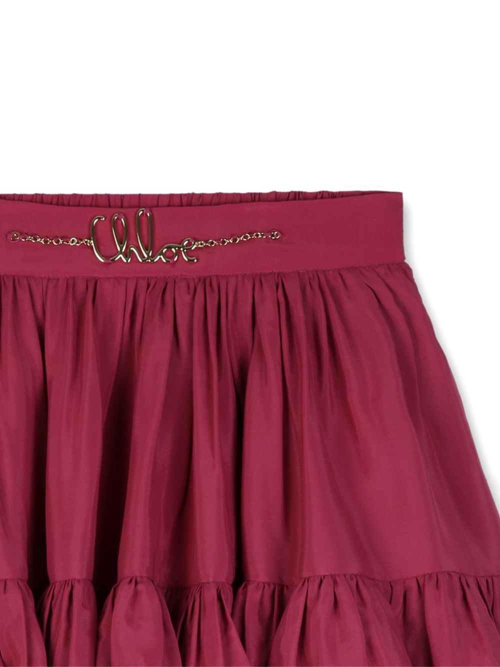 Ruffled gonna in silk e viscose crepe, elastico cintura sul retro embellished con handwritting chloe metal logo chain on davanti. C21257 48U CHLOE KIDS 