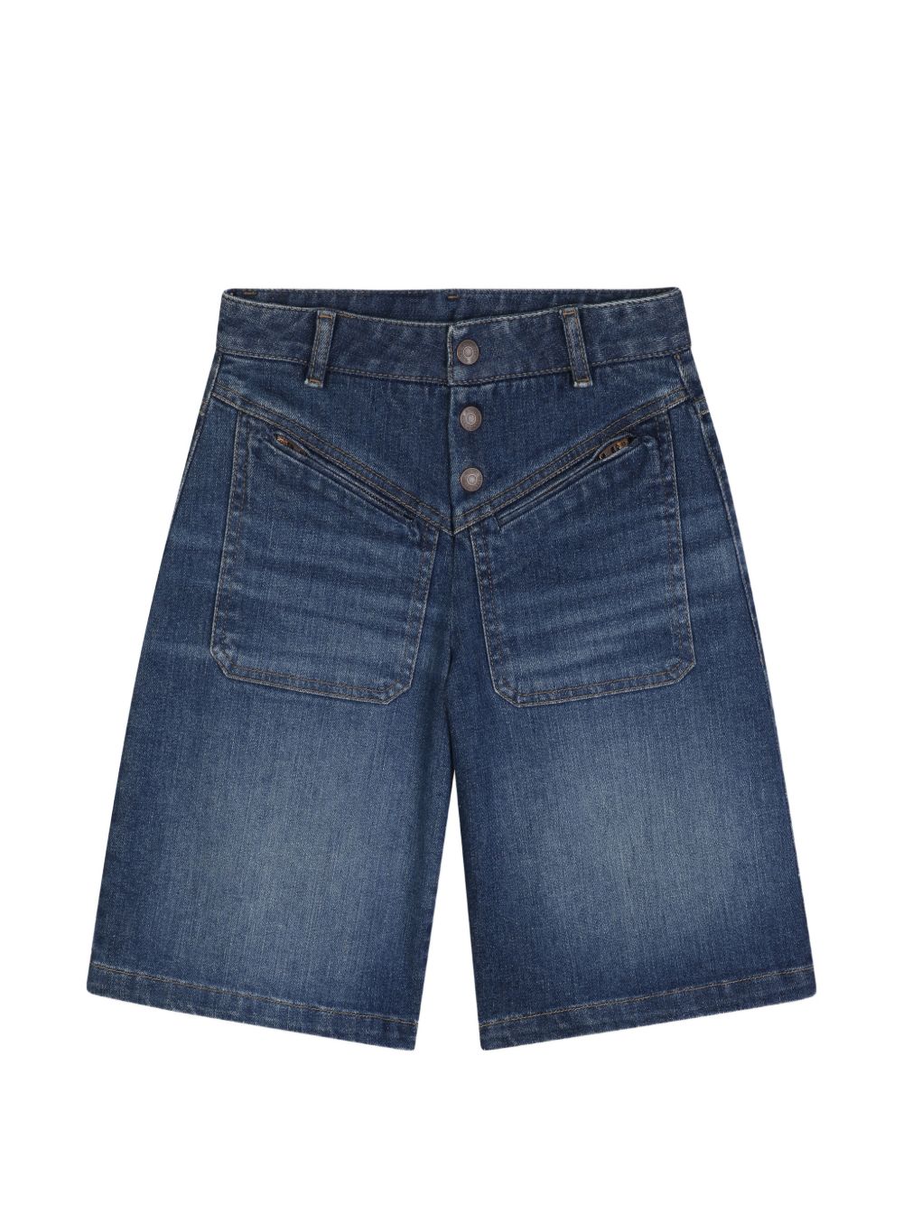 Cotton from organic farming denim shorts, davanti patch tasche con zipped chiusura, chloe branded metal buttons, chloe label in cow leather, vegetal tanning, on retro, vita regolabile con inside elastico band. C21260 Z10 CHLOE KIDS 
