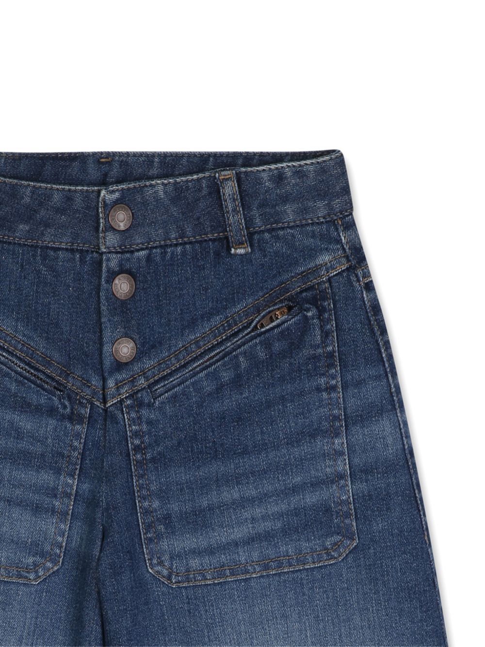 Cotton from organic farming denim shorts, davanti patch tasche con zipped chiusura, chloe branded metal buttons, chloe label in cow leather, vegetal tanning, on retro, vita regolabile con inside elastico band. C21260 Z10 CHLOE KIDS 
