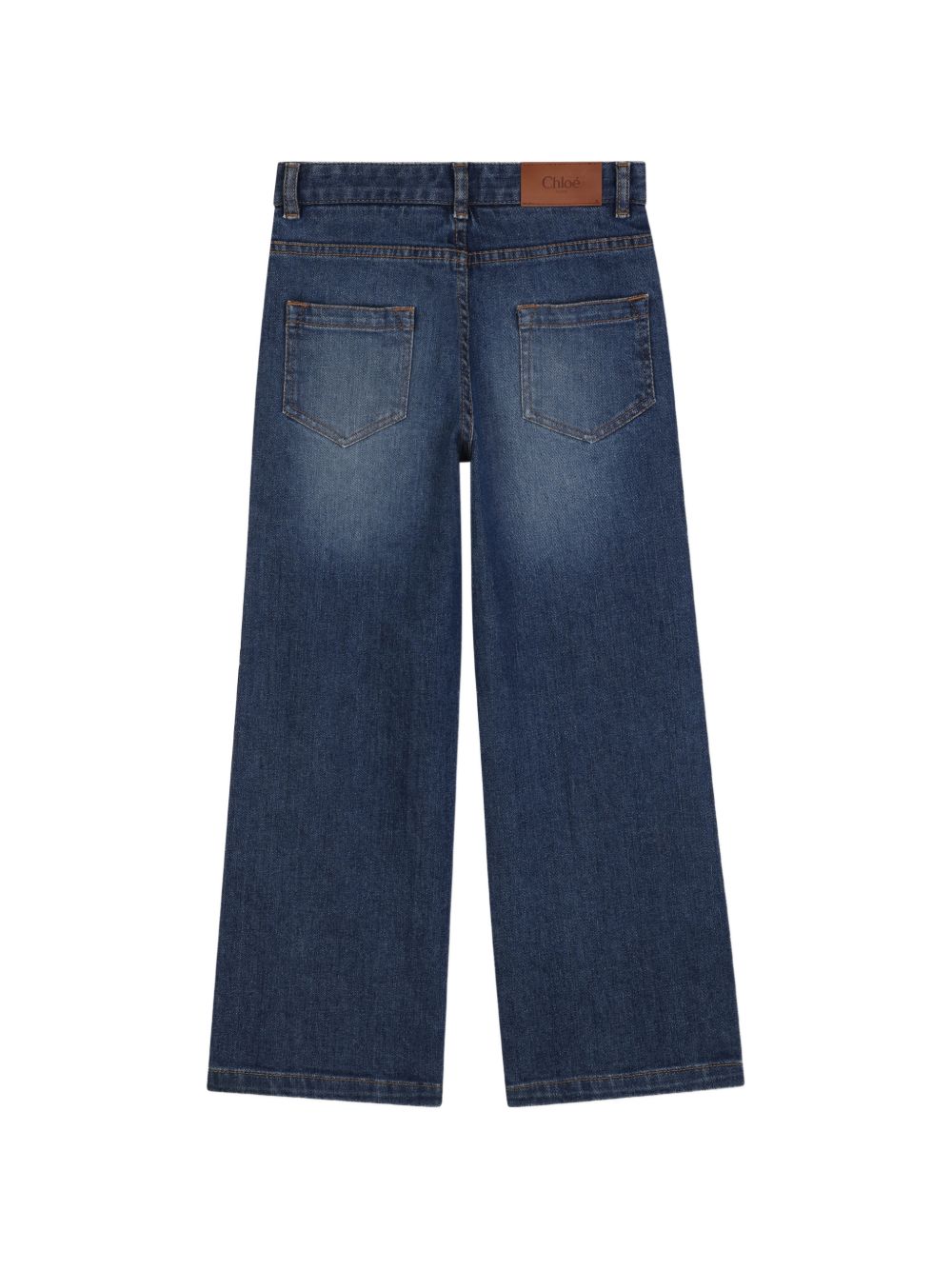 Five-tasche pantaloni in denim, containing cotton from organic farming, chloe label in cow leather, vegetal tanning, on retro, vita regolabile con inside elastico band. C21269 Z10 CHLOE KIDS 
