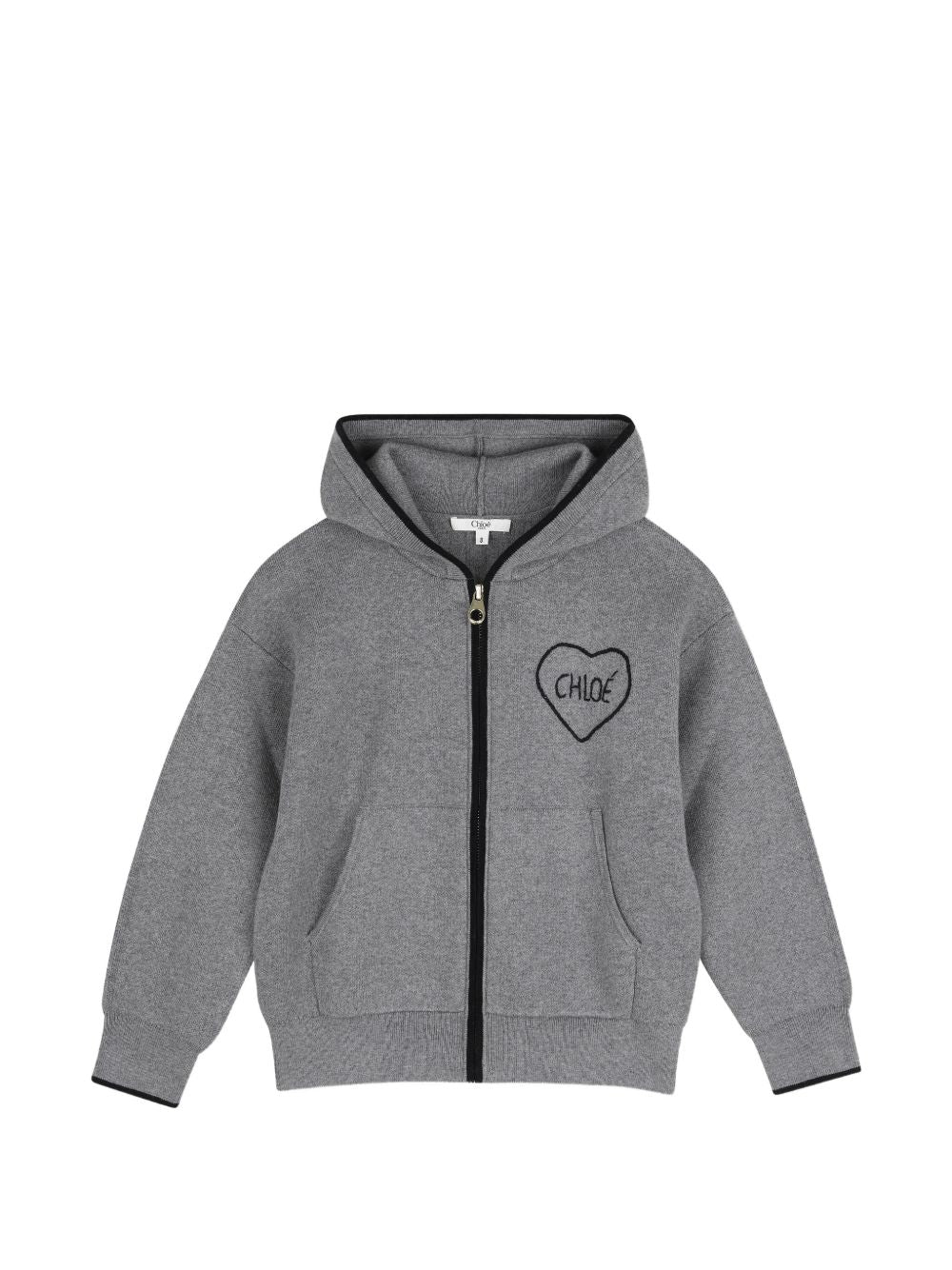 In maglia hoodie cardigan in 90% containing cotton from organic farming 10% wool filato, zipped chiusura, kangaroo tasca, chloe cuore hand ricamo on davanti. C21298 A46 CHLOE KIDS 