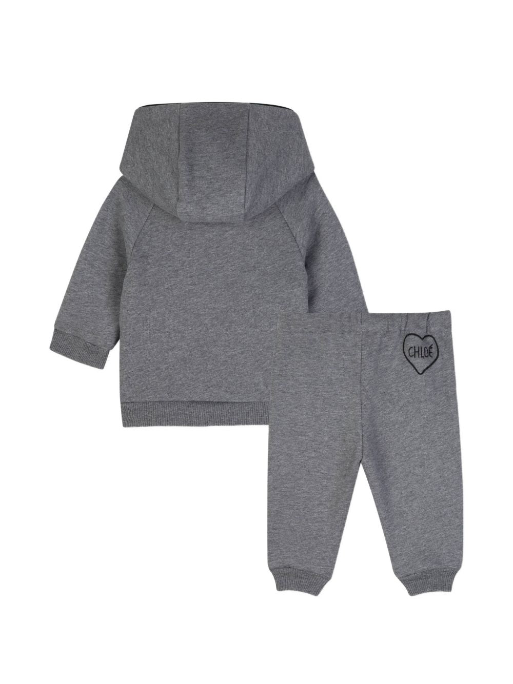 Tracksuit set, in marled cotone garzato, containing cotton from organic farming. Con cappuccio cardigan : zipped chiusura, chloe ricamo a cuore on davanti. Pantaloni : drawstrings at vita, chloe branded metal ends, chloe ricamo a cuore sul retro. C21347 A46 CHLOE KIDS 