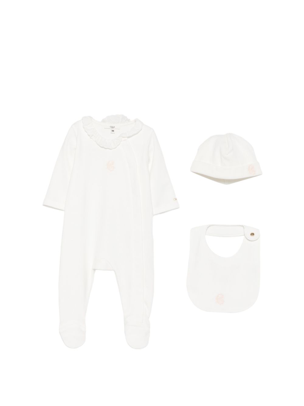 Set of pyjamas, beanie, bib ricamato con chloe "c". Pyjamas : interlock containing cotton from organic farming, con ricamato collar in poplin, containing cotton from organic farming, chloe logo printed con metallic aspect on fondo manica, snapped chi C21367 117 CHLOE KIDS 