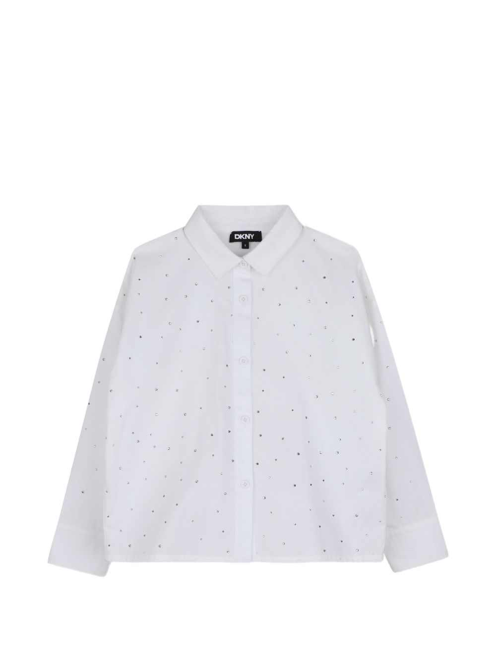 Mini-me maniche lunghe shirt in cotton poplin con strass sul davanti e at maniche. Buttons chiusura sul davanti. Pleat e dkny metal plate al retro. D62782 10P DKNY KIDS 