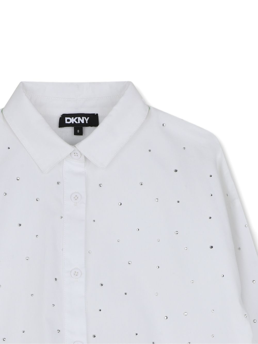 Mini-me maniche lunghe shirt in cotton poplin con strass sul davanti e at maniche. Buttons chiusura sul davanti. Pleat e dkny metal plate al retro. D62782 10P DKNY KIDS 