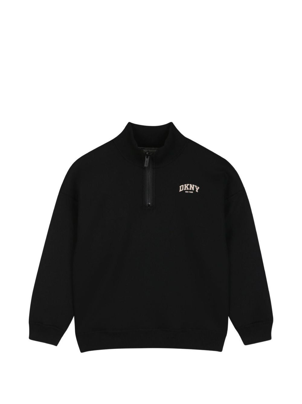 Reversible sweatshirt in doble jersey, 86% polyester 10% viscose 4% elastane, con high collar. One black side in jersey piqué effect con printed dkny logo at chest. Other side in beige jersey con dk logo in flocking technic at chest. D62868 P90 DKNY KIDS 