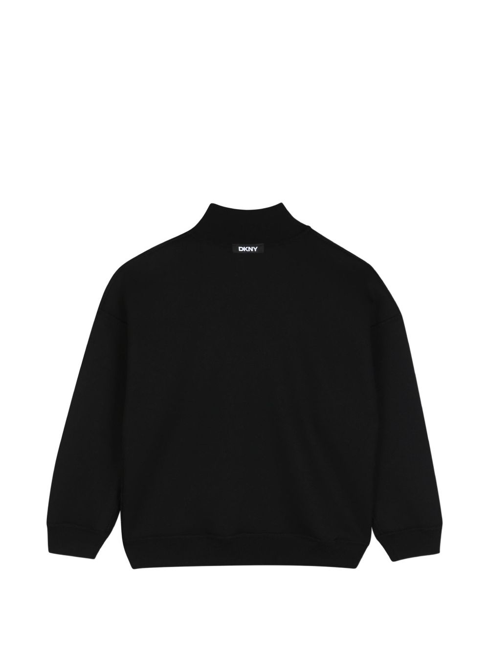 Reversible sweatshirt in doble jersey, 86% polyester 10% viscose 4% elastane, con high collar. One black side in jersey piqué effect con printed dkny logo at chest. Other side in beige jersey con dk logo in flocking technic at chest. D62868 P90 DKNY KIDS 