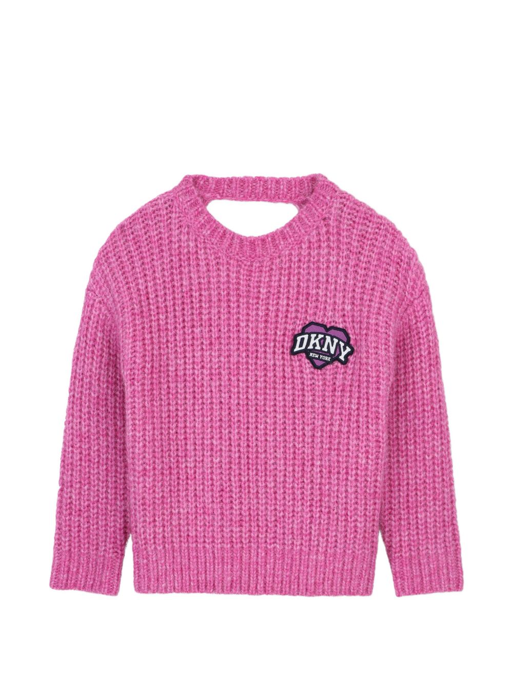 Felpa in 52% acrylic, 25% polyester, 15% nylon, 8% wool. Cuore ricamato patch at chest. Fantasia retro. D62899 479 DKNY KIDS 