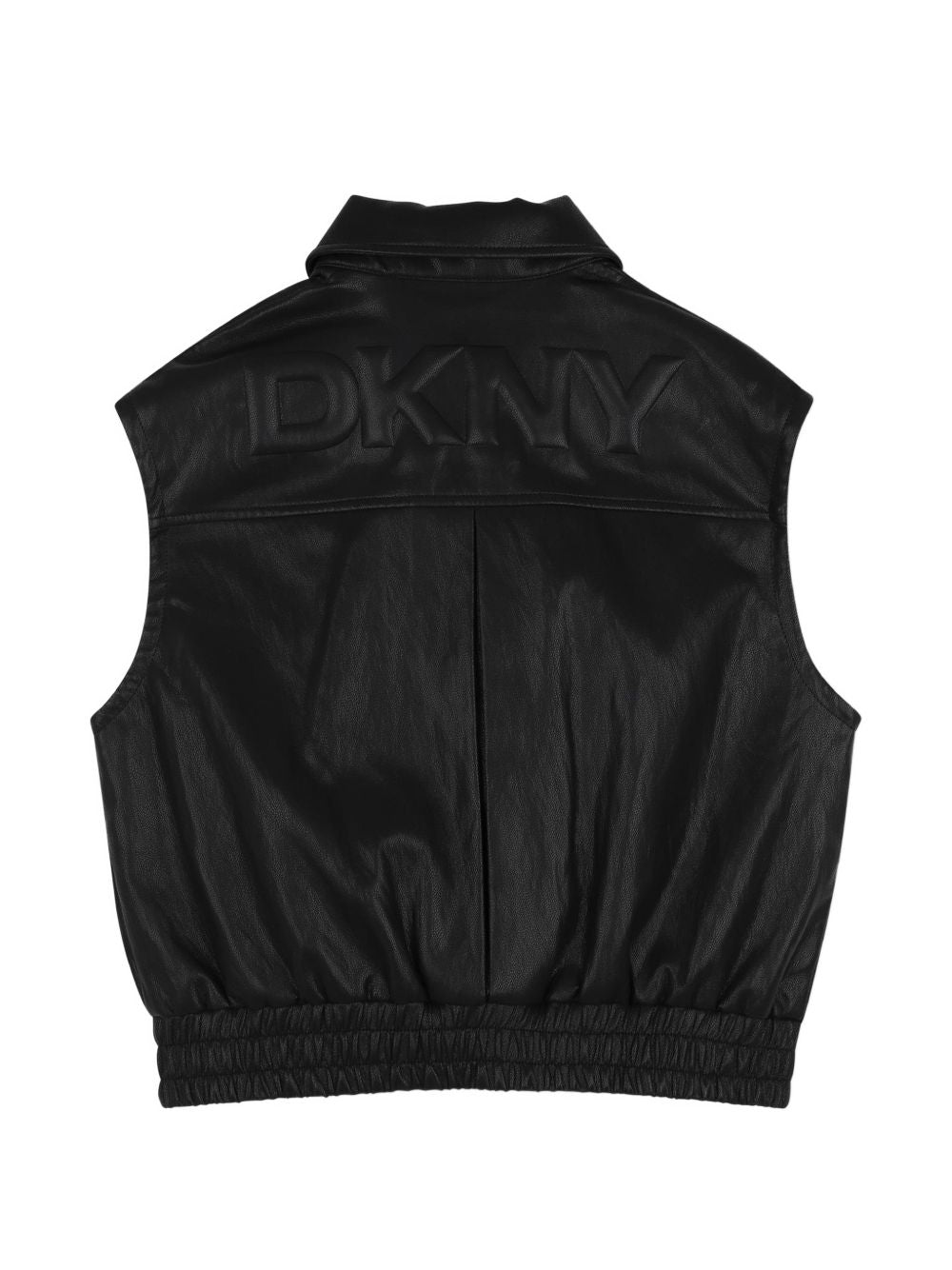 Mini-me senza maniche faux leather jacket in 55% polyurethane, 45% polyester. Davanti snaps tasche. Retro pleat. Elastictated fondo. Davanti zip chiusura. Embossed dkny logo al retro. D62908 09B DKNY KIDS 