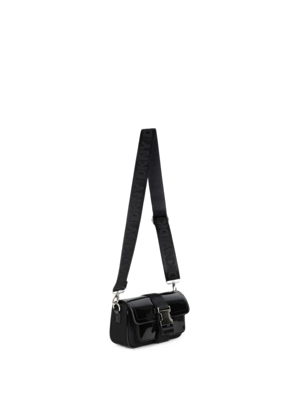 Bi-material handbag in glossy simili e mat fabric. Regolabile e removable strap. Chiusura by branded strap e metal branded buckle. Colored fodera. Dimensions : 12x20x5.5cm. D62931 09B DKNY KIDS 