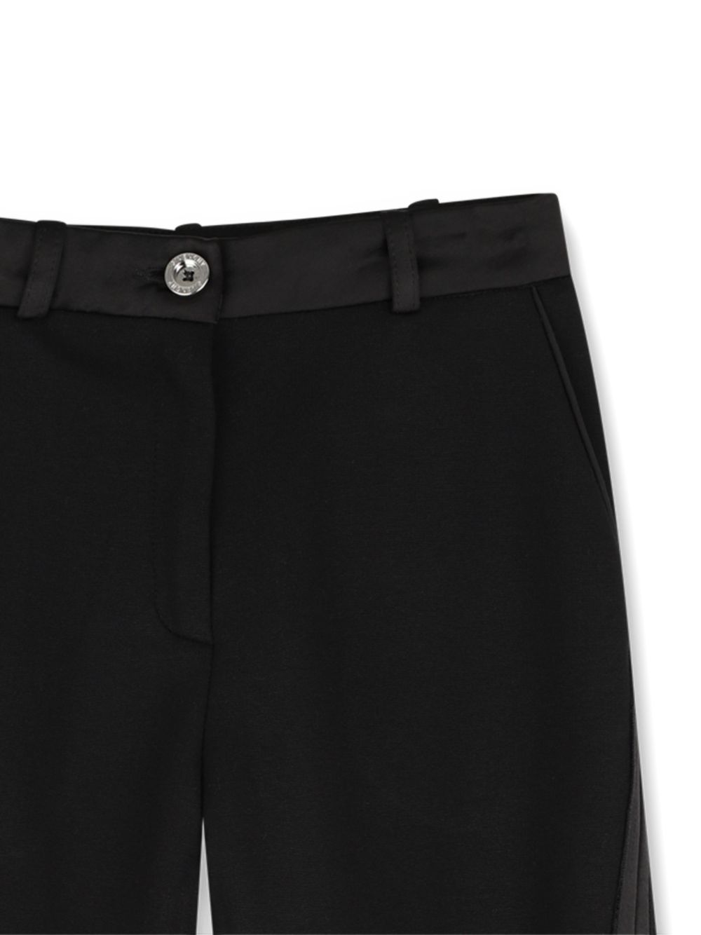 Cotton modal elastane polyamide milano pantaloni. Satin tapes detail on twisted legs. Silver color button at vita. Ottoman braid con givenchy logo tone on tone high density printed, at retro vita. H31337 09B GIVENCHY KIDS 
