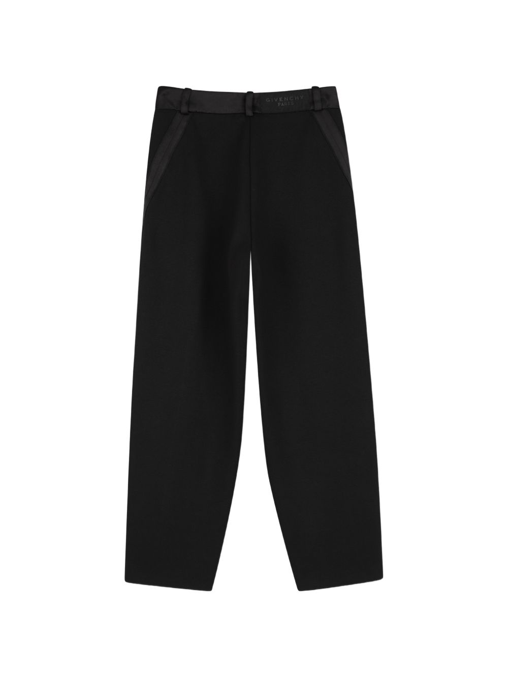 Cotton modal elastane polyamide milano pantaloni. Satin tapes detail on twisted legs. Silver color button at vita. Ottoman braid con givenchy logo tone on tone high density printed, at retro vita. H31337 09B GIVENCHY KIDS 