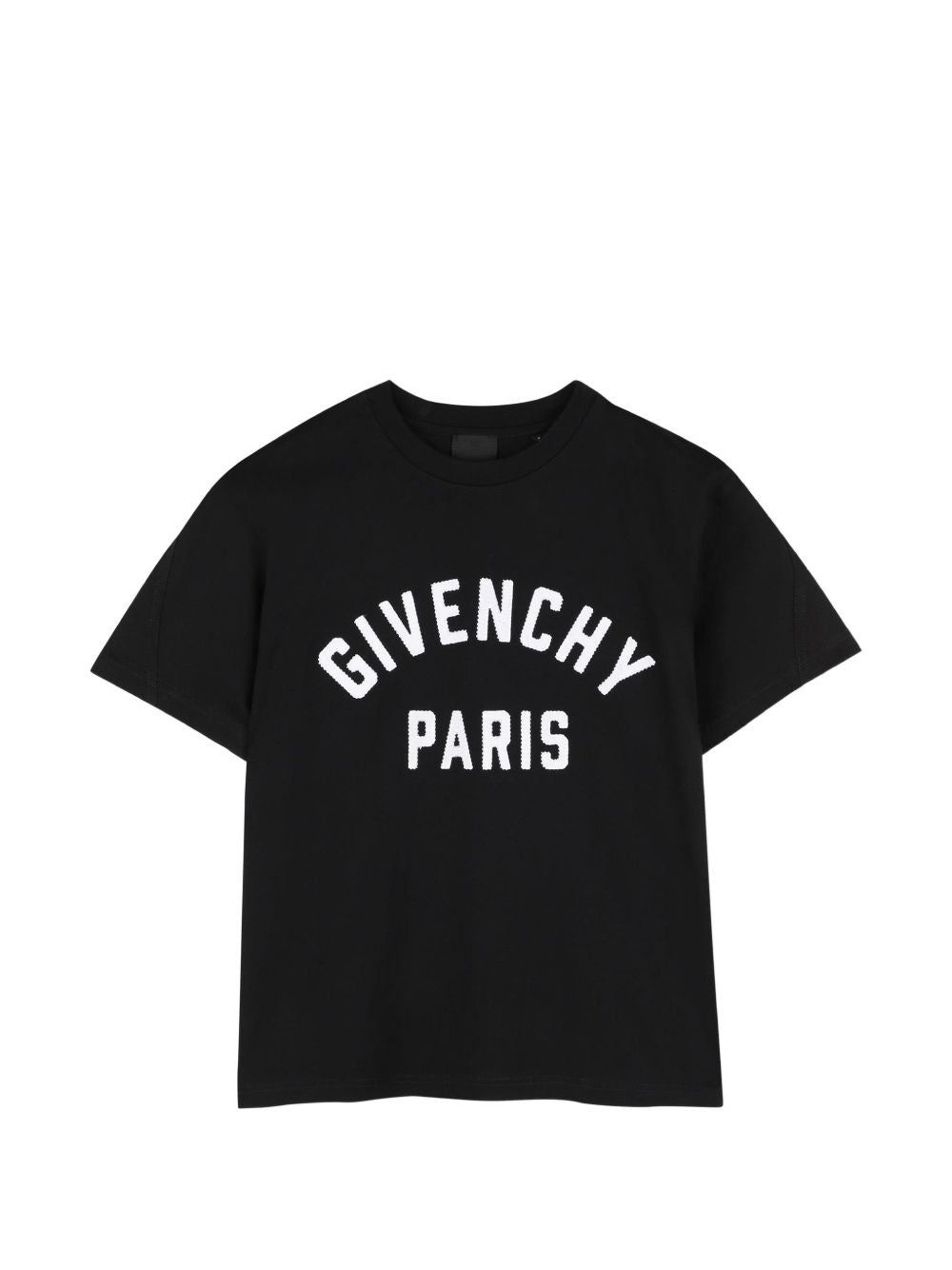 T-shirt in jersey, cotton from organic farming, twisted seams on maniche, color contrasted givenchy logo patch ermbroidery at davanti. H31345 09B GIVENCHY KIDS 