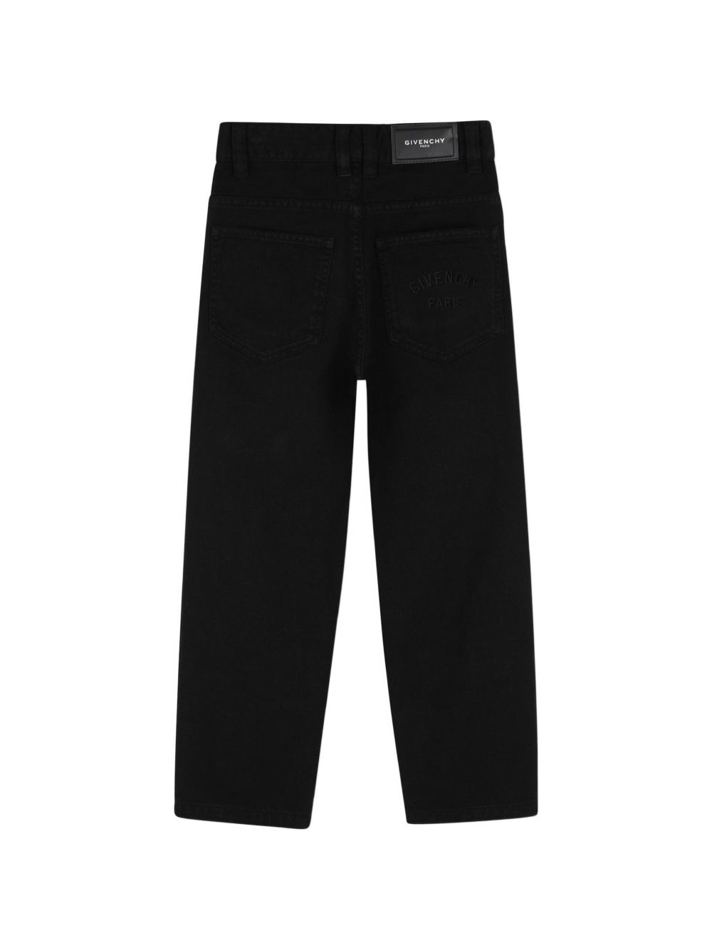 Cotton drill pantaloni, black or white color overdyed. Straight fit, givenchy logo embossed silver color printed leather flap label at retro vita. Tone on tone givenchy logo ricamo at retro tasca. H31400 09B GIVENCHY KIDS 