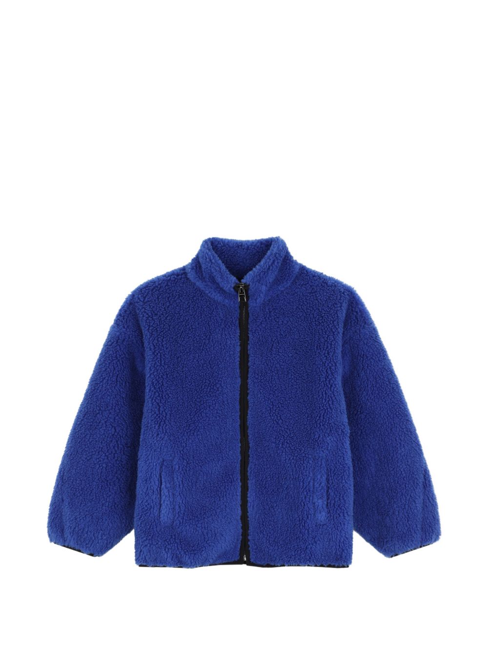 Bi faces cardigan, face side in faux shearling blue color, retro side in jersey black color. Zipped middle davanti. Givenchy logo ricamo at retro. H31403 865 GIVENCHY KIDS 
