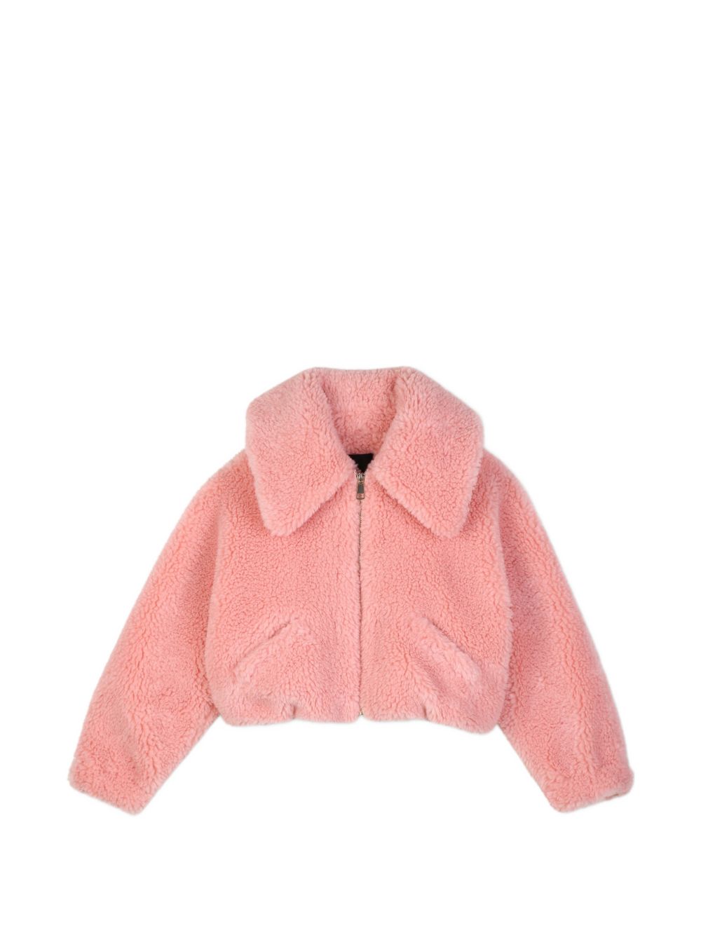 Polyester faux shearling bomber jacket, lined in color contrasted off white polyester nylon. Bubble shape adjusted at body fondo. Zipped middle davanti. Color contrasted givenchy logo ricamo at retro. H31425 46G GIVENCHY KIDS 