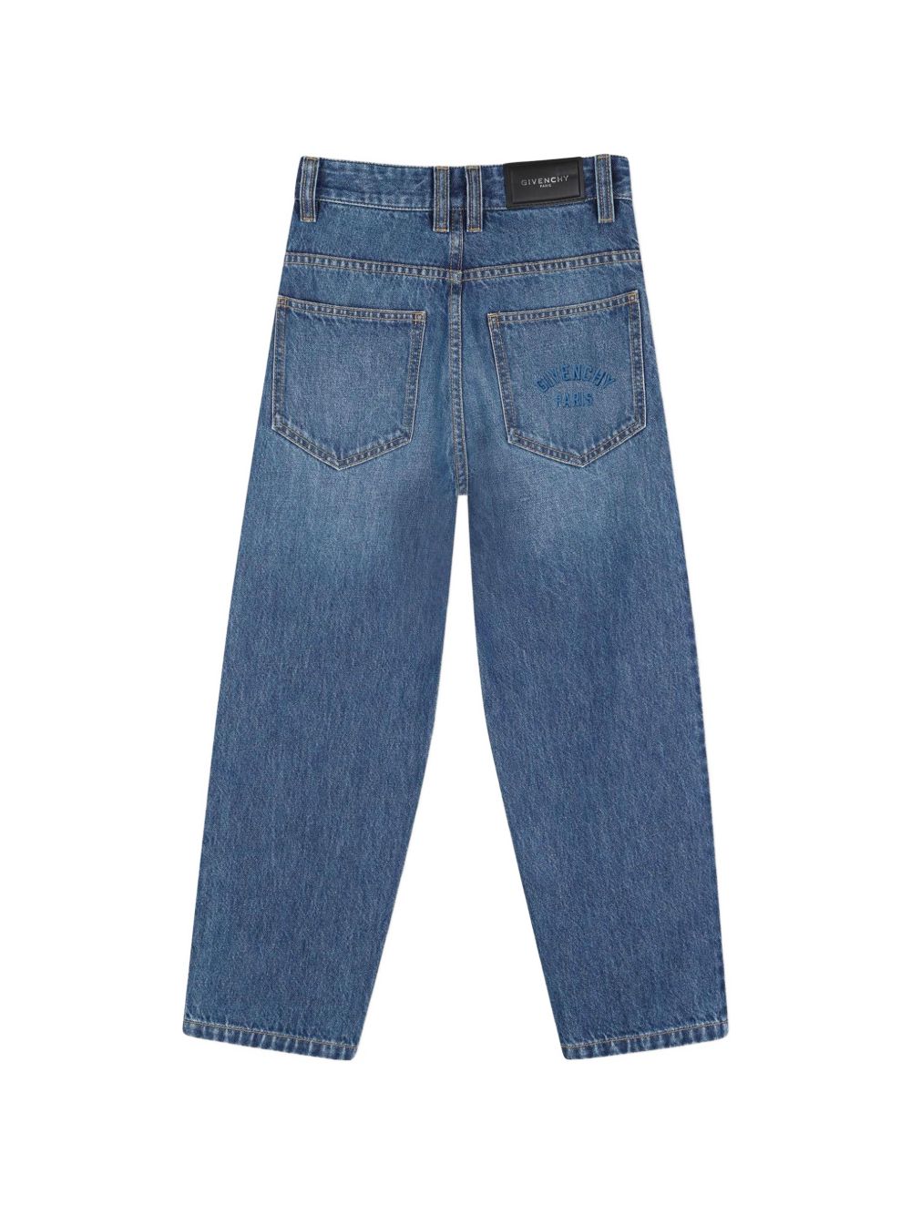 Cotton pantaloni in denim, straight fit, givenchy logo embossed silver color printed leather flap label at retro vita, color contrasted givenchy logo ricamo at retro tasca. H31444 Z06 GIVENCHY KIDS 