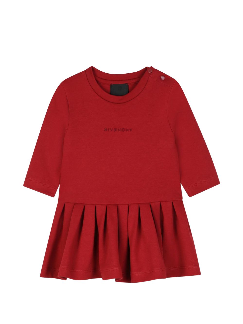 Cotton interlock vestito, flair cut con pleats detail sul fondo flounce. Spalla opening con tone on tone snaps. Givenchy logo ricamo at davanti. H31463 96D GIVENCHY KIDS 