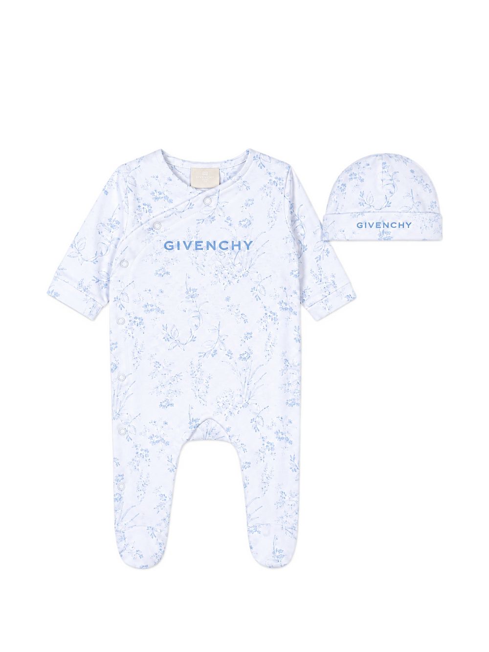 Night set, pyjamas e hat, in organic cotton interlock. Toile de jouy all-over printed. Color contrasted givenchy logo stampa sul pyjamas e hat. H31534 N48 GIVENCHY KIDS 