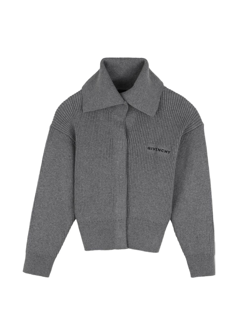 Cardigan in maglia, costina knitting high gauge, 95% cotton e 5% cashmere. Fantasia oversize high collar. Oversize snaps middle davanti chiusura. Color contrasted givenchy logo ricamo at chest. H31549 A47 GIVENCHY KIDS 
