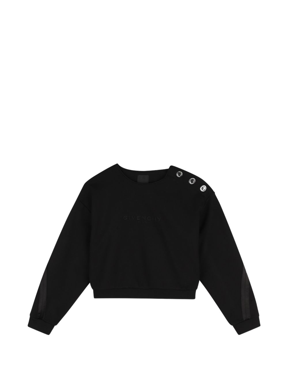 Cotton modal elastane polyamide milano sweatshirt. Sateen tapes detail on twisted maniche. Silver color button at spalla opening. Givenchy logo ricamo at davanti. H31560 09B GIVENCHY KIDS 